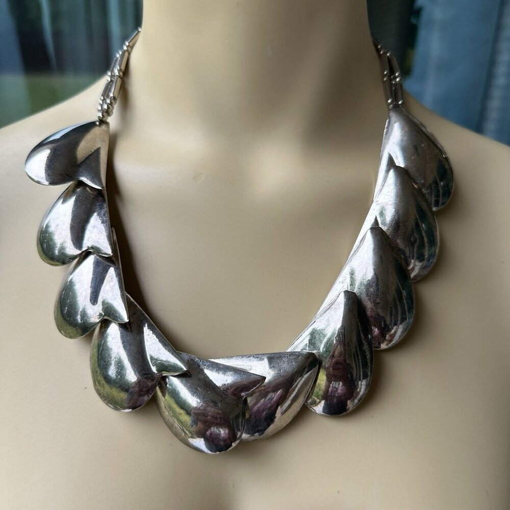 Vintage Leaf Link Choker Necklace 19 Inch Modernist Mid-Century Silver Chunky